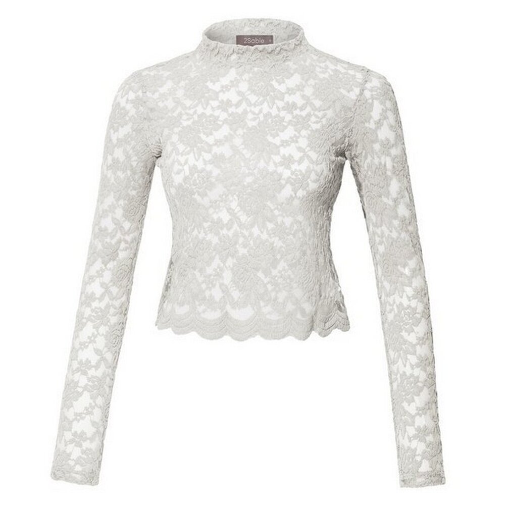Off White Stretch Lace Crop Top Long Sleeve
